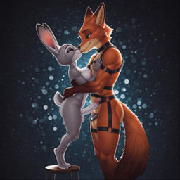 abstract_background anthro anthro_on_anthro areola athletic athletic_male ball_size_difference balls bdsm big_breasts big_penis breast_squish breasts butt chastity_cage chastity_device chest_harness collar crossgender disney dominant duo embrace erection eye_contact eyelashes feet fingers foreskin ftg_crossgender fti_crossgender fur furniture genitals glans green_eyes grey_body grey_fur gynomorph gynomorph/male hand_on_chest harness hug huge_penis humanoid_genitalia humanoid_penis inner_ear_fluff intersex intersex/male interspecies kissing larger_male long_penis looking_at_another male markings mostly_nude multicolored_body muscular narrowed_eyes nipples nude nude_gynomorph orange_body orange_fur penis penis_size_difference pink_glans purple_eyes retracted_foreskin romantic romantic_couple sex short_tail side_view simple_background size_difference small_dom_big_sub smaller_gynomorph smaller_intersex smile squish standing standing_on_stool stool submissive submissive_male tail tuft quantaized zootopia judy_hopps nick_wilde canid canine fox lagomorph leporid mammal rabbit red_fox absurd_res hi_res