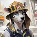 absurd_res anthro black_nose black_spots blue_eyes blurred_background canid canine canis clothing dalmatian domestic_dog feralfresh fire_engine firefighter firefighter_uniform fur hi_res looking_at_viewer male mammal overalls smile solo solo_focus spots truck_(vehicle) vehicle white_body white_fur