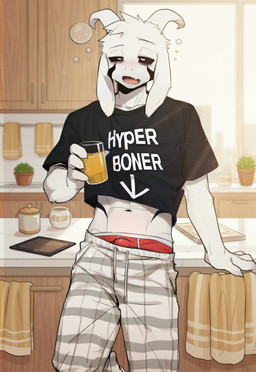 4_fingers abs anthro athletic athletic_anthro athletic_male bags_under_eyes black_clothing black_sclera black_shirt black_topwear blush boxer_briefs broad_shoulders bubble bulge chest_markings claws clothed clothing crop_top day drinking drunk drunk_bubble eyebrows facial_markings fingers front_view fur hangover head_markings holding_glass holding_object horn inside kitchen leaning_on_table long_ears male markings messy_fur monotone_body monotone_fur navel open_mouth pattern_clothing plaid raised_clothing raised_shirt raised_topwear red_clothing red_underwear shirt snout solo standing substance_intoxication sunny sweatpants t-shirt text text_on_clothing text_on_shirt text_on_topwear tired topwear underwear white_body white_eyes white_fur ratarang_(director) undertale undertale_(series) asriel_dreemurr asriel_dreemurr_(god_form) boss_monster bovid caprine mammal english_text novelai portrait three-quarter_portrait