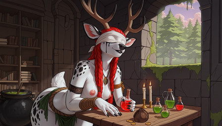 anthro antlers armband black_lips black_lipstick black_nails black_nose black_spots blindfold bottomwear braided_hair breasts candle cauldron clothed clothing colored_nails exposed_breasts female forest fur hair horn jewelry lips lipstick loincloth looking_at_viewer makeup mascara mascara_tears medieval nails navel necklace nipples partially_clothed plant potion potion_bottle red_hair running_makeup smile solo spots tree tuft white_body white_fur wide_hips crusader_(director) cervid mammal hi_res