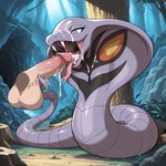 ambiguous_gender balls bodily_fluids cave cum cum_in_mouth cum_inside cum_on_face cum_on_tongue disembodied_penis duo eyelashes fangs feral feral_focus forest forked_tongue genital_fluids genitals humanoid_genitalia humanoid_penis long_tongue male male/ambiguous nature nature_background on_ground open_mouth oral penis plant solo_focus stump tongue tree white_eyes lewt nintendo pokemon arbok generation_1_pokemon pokemon_(species) reptile scalie snake hi_res