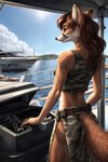 absurd_res anthro belt boat bottomwear canid canine clothed clothing countershade_face countershading detailed_background dipstick_ears female fluffy fluffy_tail fox fur fuzzy_logic green_eyes hair hi_res inner_ear_fluff long_hair looking_away mammal multicolored_ears outside sea seaside shirt smile solo tank_top tessa topwear tuft utility_belt vehicle water watercraft