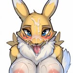 anotherarcticfox anthro blush bodily_fluids breasts cum cum_on_breasts cum_on_face cum_on_tongue digimon_(species) female fur genital_fluids mammal neck_tuft nipples renamon simple_background solo tongue tuft yellow_body yellow_fur