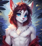 anthro blue_eyes blush clothing domestic_cat felid feline felis fur hair icefoxai male mammal nipples pink_nose red_hair smile solo undressing white_body white_fur