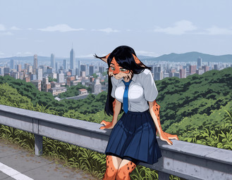 anthro bottomwear breasts city city_background city_skyline cityscape clothing female fur green_eyes inner_ear_fluff looking_down necktie outside pleated_skirt road school_uniform skirt solo spots spotted_body spotted_fur thinking tuft uniform anonymous_director invoke_high felid feline mammal hi_res