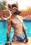 abs animal_genitalia anthro athletic athletic_anthro athletic_male blue_eyes brown_body brown_fur bulge clothed clothing clothing_pull detailed_background fur genitals looking_at_viewer male mostly_nude muscular nipples outside pecs penis penis_base plant pool poolside seductive sheath solo speedo speedo_only spots spotted_body spotted_fur swimming_pool swimming_trunks swimwear swimwear_pull topless tree undressing white_body white_fur bmrwcl hyaenid mammal hi_res