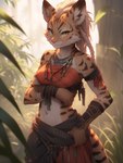 anthro armlet armor bandeau blush bottomwear bracers breasts clothed clothing female forest fur hair jewelry looking_at_viewer navel orange_clothing outside pink_nose plant skirt solo spots spotted_body spotted_fur tan_body tan_fur topwear tree tuft white_hair yellow_eyes sappy_(director) felid feline mammal hi_res