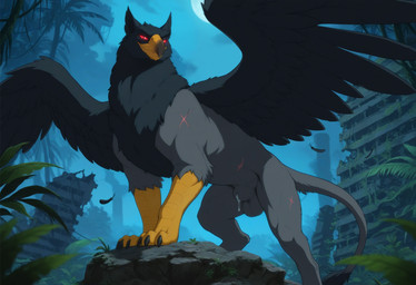 animal_genitalia balls beak black_body black_feathers black_fur bodily_fluids claws detailed_background feathered_wings feathers feet feral forest fully_sheathed fur genital_fluids genitals grey_body grey_feathers grey_fur jungle looking_at_viewer low-angle_view male moon muscular muscular_feral muscular_male mythology night outside palm_tree plant precum quadruped red_eyes ruins scar sheath sky solo spread_wings tail tail_tuft tree tuft wings tempting_(director) avian gryphon mythological_avian mythological_creature hi_res