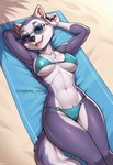 anthro beach beach_towel bikini breasts clothed clothing eyewear female fur happy looking_at_viewer lying paw_patrol seaside smile solo sunglasses swimwear towel tuft white_body white_fur humphreyomega everest_(paw_patrol) canid canine canis domestic_dog husky mammal nordic_sled_dog spitz absurd_res hi_res