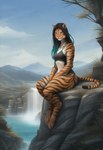 anthro black_hair cliff clothed clothing cloudy digitigrade female hair lake long_hair looking_at_viewer mountains multicolored_hair plant rock sitting smile solo stripes swimwear teal_eyes teal_hair tree waterfall director_crashbandit felid mammal pantherine tiger hi_res novelai