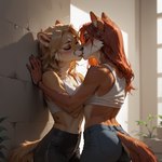 against_surface against_wall anthro clothed clothing duo eyes_closed female female/female furgonomic_bottomwear hair kissing leggings legwear long_hair passionate shirt tank_top topwear redstallion_(director) canid canine felid fox mammal