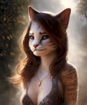 anthro blurred_background breasts brown_hair cleavage clothed clothing detailed domestic_cat eyebrows felid feline felis female fur hair inner_ear_fluff jewelry looking_at_viewer mammal necklace pikaflufftuft portrait realistic solo tuft watermark whiskers white_body white_fur