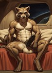 aiaicaptain anthro balls bed black_nose black_penis body_hair brown_body brown_fur chest_tuft claws erection facial_markings fur furniture genitals hand_on_leg hand_on_thigh happy_trail head_markings hi_res humanoid_genitalia humanoid_penis inside looking_at_viewer male mammal markings multicolored_body multicolored_fur muscular muscular_male navel nipples nude on_bed penis presenting procyonid raccoon red_eyes red_sheets rocket_raccoon sitting sitting_on_bed smile smirk solo spacecraft_interior spread_legs spreading tuft whiskers