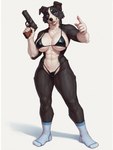 abs anthro big_breasts bikini breasts clothing female footwear gesture gun holding_object holding_weapon looking_at_viewer muscular muscular_female neck_tuft open_mouth pointing pointing_at_viewer ranged_weapon socks solo standing string_bikini swimwear tuft weapon anonymous_director sarah_(u.d) border_collie canid canine canis collie domestic_dog herding_dog mammal pastoral_dog sheepdog hi_res