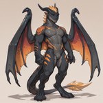 4_toes 5_fingers ambiguous_gender anthro black_body black_scales black_sclera blonde_hair blue_eyes claws countershading dewclaw featureless_crotch feet fingers grey_body grey_scales hair horn male muscular muscular_male mythology nude orange_stripes pupils scales simple_background slit_pupils solo standing stripes tail_tuft toes tuft wings kalethorebiter dragon mythological_creature mythological_scalie scalie hi_res