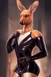 anthro brown_eyes bulge clothed clothing fur hair hi_res kangaroo looking_at_viewer macropod male mammal marsupial rubber rubber_clothing rubber_suit solo standing tight_clothing watermark zack3d zack3d_kinky_v1