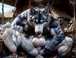 abs anthro anus athletic autofellatio balls blue_body blue_eyes blue_fur bodily_fluids claws clothing cum cum_drip cum_in_mouth cum_inside cum_on_balls cum_on_penis detailed_background detailed_fur dripping feet foot_fetish fur genital_fluids genitals hair humanoid_genitalia humanoid_penis light looking_at_viewer male masturbation military muscular muscular_anthro muscular_male nails oral oral_masturbation penile penile_masturbation penis realistic shirt sitting solo tank_top tent topwear white_body white_fur notte canid canine canis mammal wolf absurd_res colorful detailed hi_res lighting portrait shaded soft_shading