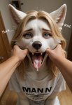 anthro blonde_hair blue_eyes blurred_background bodily_fluids clothing cum cum_on_tongue fangs female finger_in_mouth fur genital_fluids hair long_hair looking_at_viewer looking_pleasured mouth_play open_mouth photorealistic realistic shirt solo tears teeth text tongue tongue_out topwear white_body white_fur canid canine canis mammal wolf hi_res