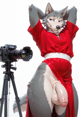 anthro balls big_penis black_eyes camera cheek_tuft clothed clothing clothing_aside crossdressing dress dress_aside facial_tuft flaccid foreskin fur genitals grey_body grey_fur humanoid_genitalia humanoid_penis male multicolored_body penis pubes simple_background smile solo thick_thighs tuft two_tone_body white_body ratori beastars legoshi_(beastars) canid canine canis mammal wolf hi_res