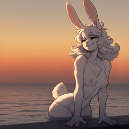 anthro areola biped breasts buckteeth chest_tuft female fur inner_ear_fluff nipples prick_ears red_eyes scut_tail short_tail smile solo sunset teeth tuft water wet wet_body wet_fur anonymous_director invoke_high lagomorph leporid mammal rabbit 1:1 hi_res