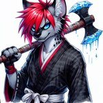 asian_clothing axe blue_eyes clothing east_asian_clothing fur hair hyaenid ice japanese_clothing mammal melee_weapon red_hair spots spotted_body spotted_fur trrith_(character) weapon
