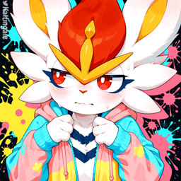 ambiguous_gender anthro blue_body blue_fur bodily_fluids clothed clothing embarrassed front_view fur hair hoodie long_ears looking_away red_eyes red_hair shy simple_background solo sweat sweatdrop topwear tuft upper_body wavy_mouth white_body white_fur yellow_body yellow_fur kaltingale_(director) nintendo pokemon cinderace generation_8_pokemon pokemon_(species) hi_res portrait signature