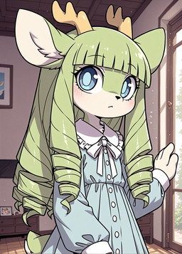 anthro blue_eyes blurred_background clothing dress drill_curls eyelashes female fluffy frilly fur green_body green_fur green_hair hair hime_cut living_room outline solo three-quarter_view holo_(director) cervid mammal absurd_res hi_res portrait