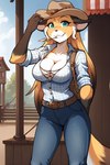 anthro breasts cleavage clothed clothing cowboy_hat female hat headgear headwear looking_at_viewer outside solo twokinds unknown_director mike_(twokinds) canid canine fox keidran mammal cowgirl_(disambiguation) hi_res