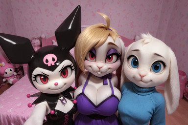 anthro bed big_breasts black_clothing blonde_hair blue_clothing blue_eyes breast_squish breasts buckteeth cave_story cleavage clothed clothing detailed_background dress eyeshadow female female_anthro fur furniture goth group hair headgear headwear looking_at_viewer makeup plushie purple_clothing realistic red_eyes selfie smile squish sweater teeth topwear trio white_body white_fur gridanon broodal hariet_(mario) kuromi my_melody sue_sakamoto demon lagomorph leporid mammal rabbit hi_res stable_diffusion