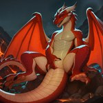 anthro female fingering fingering_self horn lava masturbation mythology open_mouth red_body red_eyes sitting sitting_on_rock solo solo_focus spines spread_legs spreading wings unknown_director dragon mythological_creature mythological_scalie scalie absurd_res hi_res