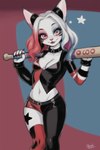 action_pose anthro baseball_bat bat_(object) batman_(series) black_clothing breasts choker claws clothed clothing dc_comics female fur furrfication hair jacket jewelry leather leather_clothing leather_jacket leather_topwear looking_at_viewer multicolored_hair navel necklace pink_eyes pose simple_background smile solo topwear two_tone_hair white_body white_fur white_hair harmfulpilot harley_quinn domestic_cat felid feline felis mammal hi_res portrait