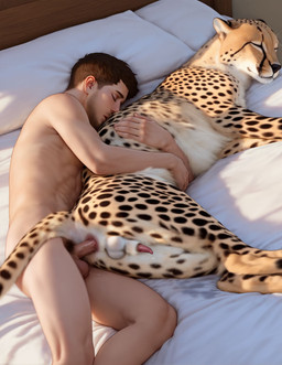 5_fingers anal anal_penetration animal_genitalia animal_penis anus balls bed bed_sheet bedding bestiality black_nose bodily_fluids brown_hair day duo embrace erection eyes_closed feline_balls feline_penis feline_sheath feral feral_penetrated fingers from_behind_position furniture genital_fluids genitals hair hug hugging_from_behind human_on_feral human_penetrating human_penetrating_feral humanoid_genitalia humanoid_penis interspecies leaking_precum lying lying_on_bed male male/male motion_lines on_bed on_side penetration penile penile_penetration penis penis_in_ass pillow precum pubes rear_view sex sheath sleep_sex sleeping spoon_position spooning tail thrusting whiskers drla cheetah felid feline human mammal hi_res