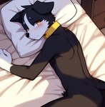 animatronic_male anthro bed bedroom black_body black_fur blush blush_lines five_nights_at_freddy's fur furniture lying lying_on_bed machine male male_focus on_bed waking_up yellow_eyes candougie those_nights_at_rachel's doug_(tnar) animatronic border_collie canid canine canis collie domestic_dog herding_dog mammal pastoral_dog robot sheepdog