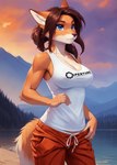 anthro athletic blue_eyes breasts brown_hair canid canine chilon249 cleavage clothed clothing female fox hair mammal outside shirt solo tank_top topwear