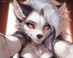 anthro bedroom_eyes bite biting_lip blush breasts clothing female fur hair long_hair looking_at_viewer multicolored_body narrowed_eyes reaching_towards_viewer seductive smile solo tuft white_body white_fur ivorymane helluva_boss loona_(helluva_boss) canid canid_demon canine canis demon hellhound mammal wolf watermark