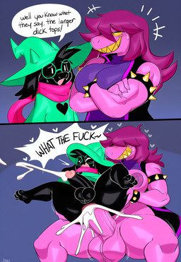 <3 anal anal_penetration anthro anthro_penetrated balls big_balls big_breasts big_penis black_balls blush bodily_fluids bracelet breasts butt clothed clothing crossed_arms cum cum_in_ass cum_inside dialogue duo ejaculation eyewear genital_fluids genitals glasses grin hair hat headgear headwear huge_penis intersex intersex/male intersex_penetrating intersex_penetrating_male jewelry larger_intersex male male_penetrated male_penetrating muscular penetration penile penis scarf sex sharp_teeth size_difference smile spiked_bracelet spikes teeth text thick_thighs wizard_hat yellow_teeth hellsonger deltarune undertale_(series) kris_(deltarune) ralsei susie_(deltarune) bovid caprine darkner goat mammal reptile scalie 2025 english_text hi_res