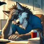 anthro canid canine canis clothed clothing desk furniture hand_on_head hardfurry male mammal office paper shirt sitting solo table topwear wolf