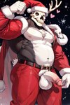 anthro antlers balls belt black_body black_fur bone bottomwear christmas_clothing christmas_headwear clothing flexing fur genitals gloves handwear hat headgear headwear horn male musclegut muscular pants penis red_bottomwear red_clothing red_pants red_shirt red_topwear santa_hat shirt skull skull_head solo topwear sharktail26