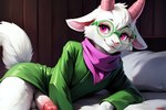 anthro balls bed bedroom bovid caprine clothing eyewear floppy_ears frosting.ai fur furniture genitals glasses goat green_clothing green_robe hi_res horn looking_at_viewer lying lying_on_bed male mammal mr_diddlez on_bed on_side penis pink_eyes ralsei robe scarf smile solo white_body white_fur