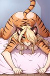 anthro ass_up bed bed_sheet bedding blonde_hair breast_squish breasts butt female furniture green_eyes hair hair_over_eye long_hair nude one_eye_obstructed solo squish tail_up twokinds iris_(twokinds) felid mammal pantherine tiger hi_res