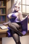 anthro book boss_monster bovid breasts caprine cleavage cleavage_cutout clothed clothing clothing_lift dress elfurro eyewear female footwear glasses high_heels inner_boob legwear mammal pantyhose seductive side_boob solo toriel window