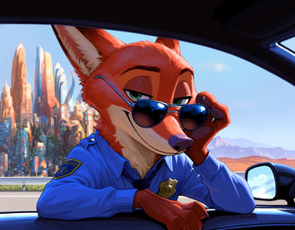 anthro car city city_background close-up eyewear first_person_view lidded_eyes looking_at_viewer male police smile solo sunglasses vehicle aksel disney zootopia nick_wilde canid canine fox mammal red_fox hi_res