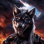 anthro blue_eyes burning cloud fangs fur hair long_hair looking_at_viewer male mane mane_hair metal metallic_body open_mouth open_smile red_sky silver_hair sky smile solo t-800_series_(terminator) tongue whiskers nightdancer nightdancer_(character) canid canine canis mammal wolf hi_res