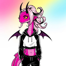 anthro bat_wings clothing girly hair hoodie long_hair long_neck makeup male membrane_(anatomy) membranous_wings navel piercing pink_body pink_eyes simple_background slip_(veprem) solo sweatpants tied_hair topwear wings director_veprem demon eel fish hybrid marine succubus hi_res