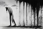 abstract_background ambiguous_gender anthro bottomwear clothed clothing depression dripping_paint faceless_character footwear grey_clothing grey_shirt grey_topwear hunched_over long_legs long_sleeves paint_splatter pants shirt shoes simple_background skinny snout solo standing tail tall topwear walking white_background sawmill canid canine canis mammal wolf monochrome