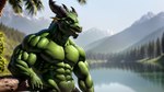 abs absurd_res anthro areola bottomwear bumblebee95 clothed clothing detailed detailed_background detailed_scales dragon green_body green_scales hi_res horn looking_away male muscular nipples pecs pubes realistic scales shorts solo standing topless vein wallpaper