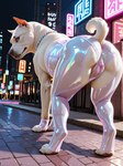 anatomically_correct anatomically_correct_genitalia anatomically_correct_pussy anus camel_toe city city_background clothing collar corset eyeliner female feral garter_straps genitals legwear lingerie looking_at_viewer makeup neon_lights panties plump_camel_toe pussy solo solo_focus topwear translucent translucent_clothing translucent_legwear translucent_panties translucent_underwear underwear goldendog canid canine canis domestic_dog mammal pit_bull hi_res
