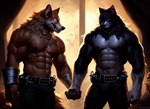 abs anthro canid canine canis clothed clothing domestic_cat duo felid feline felis glowing glowing_eyes hand_holding male male/male mammal muscular muscular_anthro muscular_male pecs romantic romantic_couple tesseract_(director) topless topless_male wolf