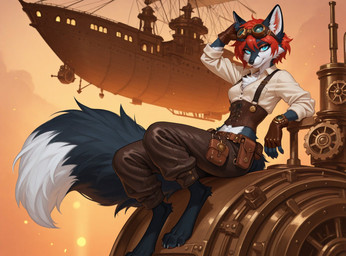 anthro black_body black_fur blue_eyes clothing female fur hair red_hair smile solo steampunk ft-27 canid canine fox mammal hi_res