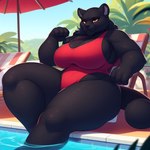 anthro big_breasts black_body black_fur black_nose breasts chair clothing female fur furniture hair overweight plant ponytail pool red_eyes smile solo swimwear thick_thighs tree wide_hips blackgum felid mammal pantherine